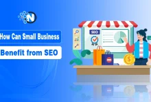 Small business owner analyzing SEO results with charts, shopping icons, and growth metrics