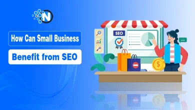 Small business owner analyzing SEO results with charts, shopping icons, and growth metrics
