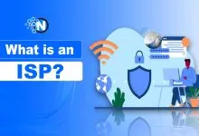 What is an ISP illustration showing internet connectivity, Wi-Fi signals, connected devices, and network security icons.