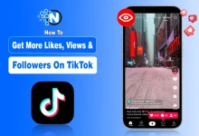 Smartphone with TikTok screen surrounded by colorful icons for likes, views, and followers, symbolizing social media growth strategies.