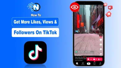 Smartphone with TikTok screen surrounded by colorful icons for likes, views, and followers, symbolizing social media growth strategies.