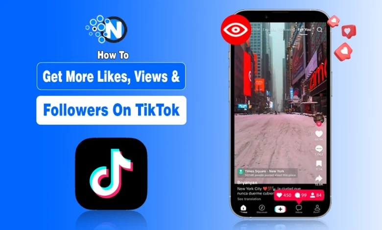 Smartphone with TikTok screen surrounded by colorful icons for likes, views, and followers, symbolizing social media growth strategies.