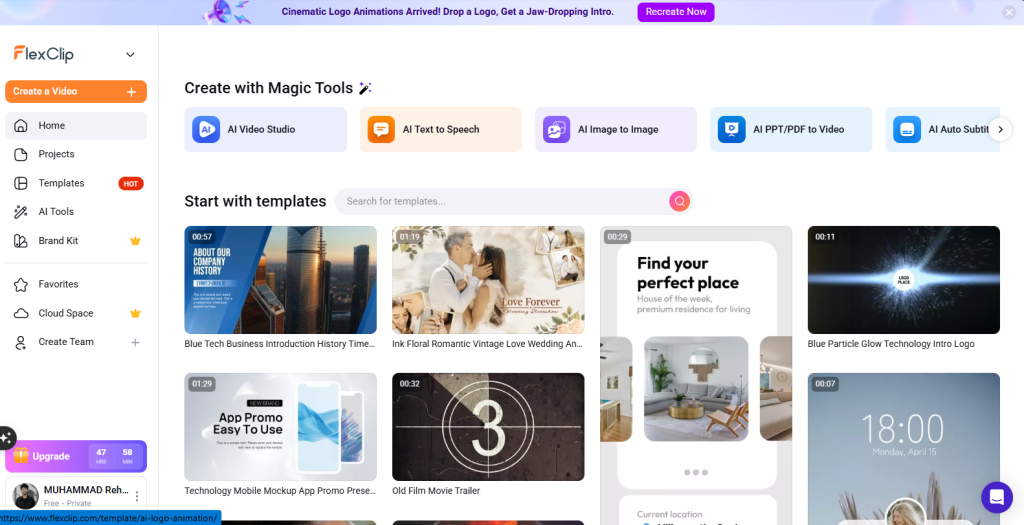 FlexClip video editor dashboard showing templates and AI tools to make animated YouTube videos for free (screenshot taken by NogenTech)