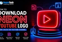 NogenTech featured image showing a glowing Neon YouTube logo with download icons and futuristic branding elements for blogs and YouTube channels.