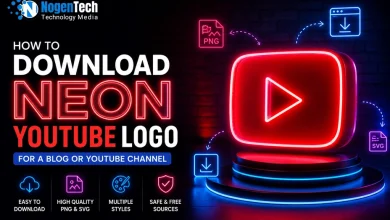 NogenTech featured image showing a glowing Neon YouTube logo with download icons and futuristic branding elements for blogs and YouTube channels.