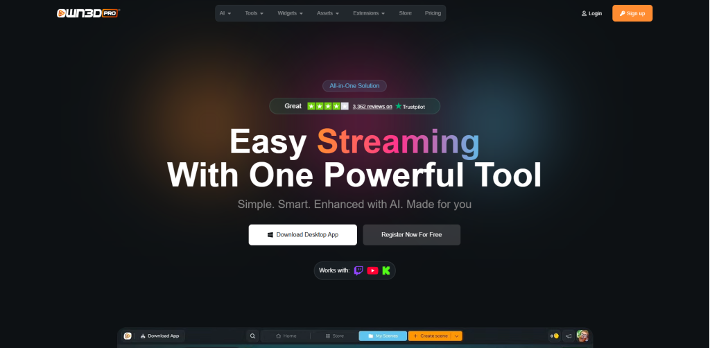 Home page screenshot of OWN3D pro web page