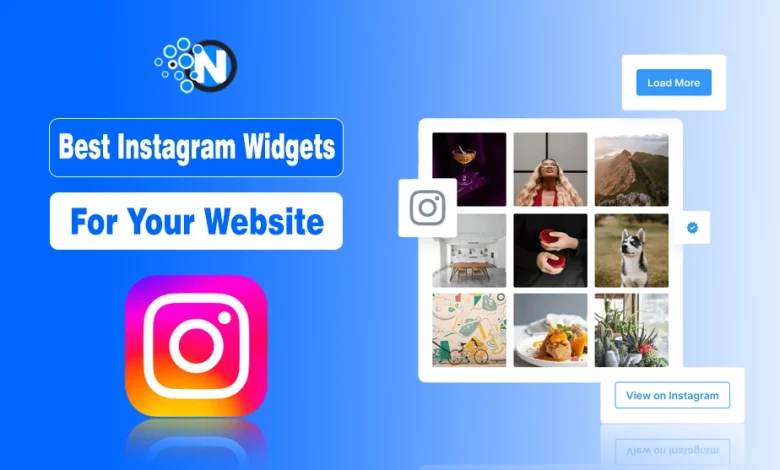 A website mockup displaying a responsive Instagram feed widget with text "Best Instagram Widgets For Your Website."