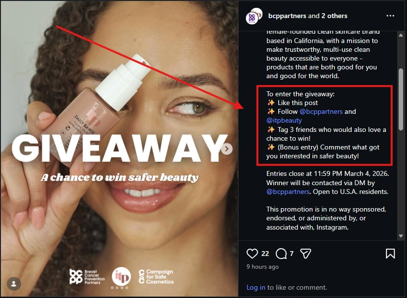 Screenshot of instagram profile of @bcppartners running a giveaway, distributing skincare products