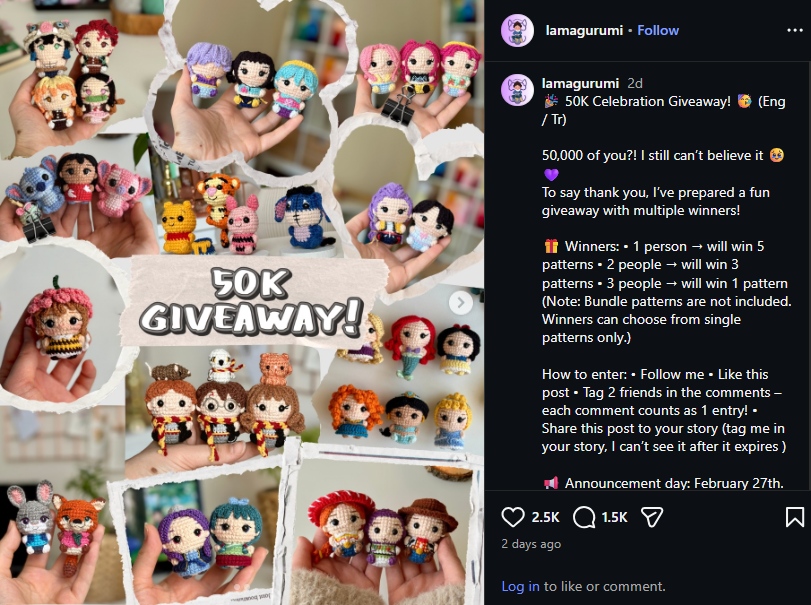 Screenshot of instagram profile of @Iamagurumi running a giveaway, distributing amigurumi patterns