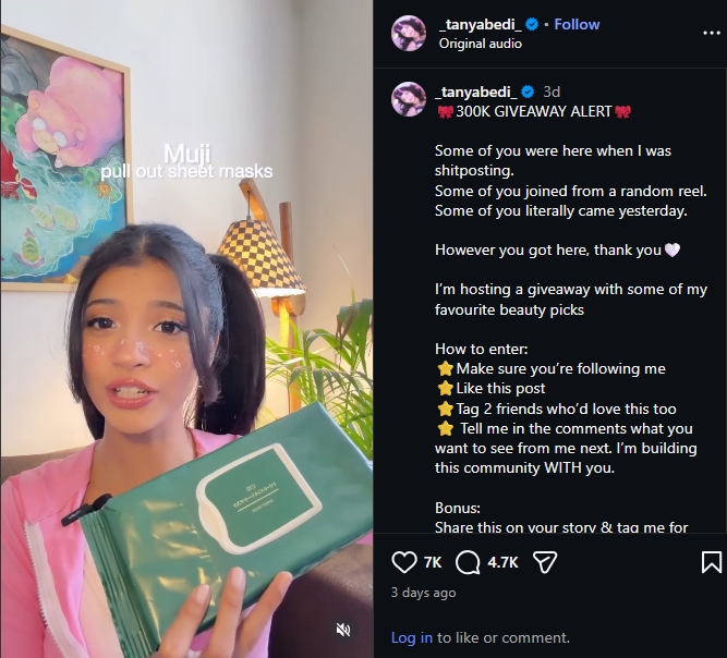 Screenshot of instagram profile of @_tanyabedi_ running a giveaway, distributing beauty products.