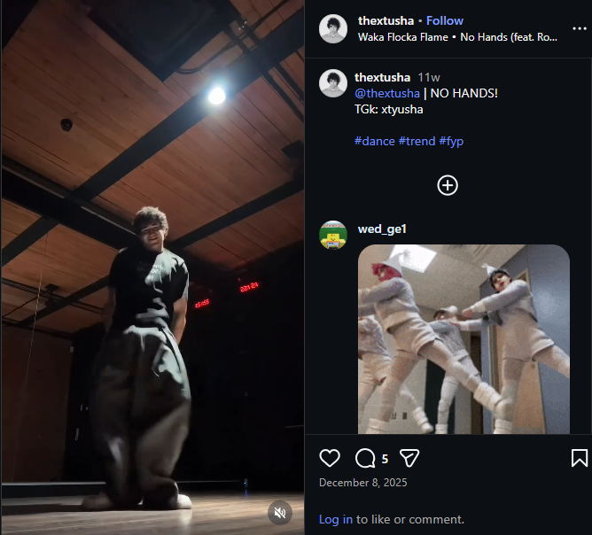 Screenshot of No Hands dance challenge taken from @thextusha profile
