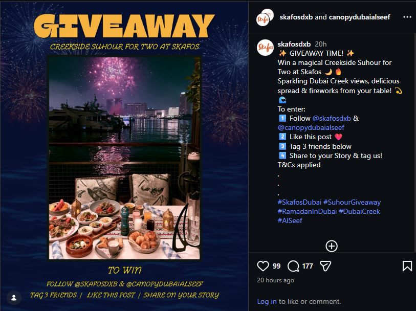 Screenshot of instagram profile of @skafosdxb running a giveaway, distributing food.