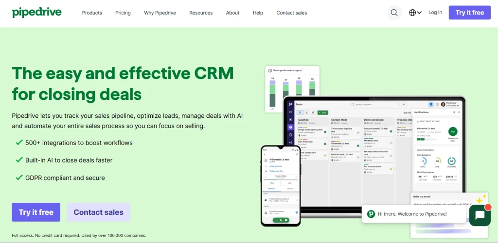 Homepage of Pipedrive