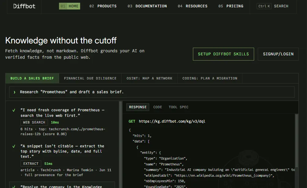 Screenshot of Diffbot Homepage by NogenTech