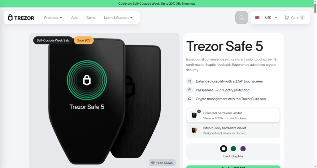 Home page screenshot of Trezor Safe 5 Ethereum Wallet