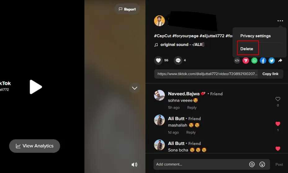 Screenshots of TikTok Video Deletion process on the Desktop Web Browser