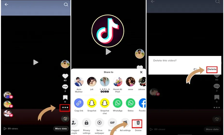 Screenshots of TikTok Video Deletion process on the Mobile App