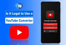 An editorial graphic on a blue gradient background featuring the text "Is It Legal to Use a YouTube Converter." The image includes a large YouTube logo and a smartphone mockup displaying a "YouTube-Converter" app interface with red "Download as MP4" and "Download as MP3" buttons.