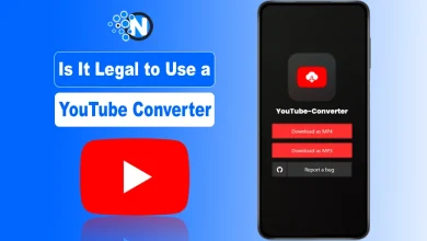 An editorial graphic on a blue gradient background featuring the text "Is It Legal to Use a YouTube Converter." The image includes a large YouTube logo and a smartphone mockup displaying a "YouTube-Converter" app interface with red "Download as MP4" and "Download as MP3" buttons.