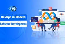 illustration of DevOps in modern software development with two people collaborating at laptops, infinity loop labeled DEV and OPS, and coding and automation icons on a blue gradient background.