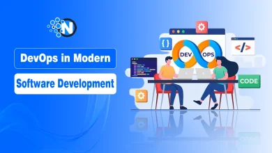illustration of DevOps in modern software development with two people collaborating at laptops, infinity loop labeled DEV and OPS, and coding and automation icons on a blue gradient background.