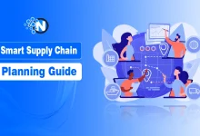 Digital illustration of a global supply chain planning concept, with a logo on the left and people interacting with charts and screens around a globe on the right.