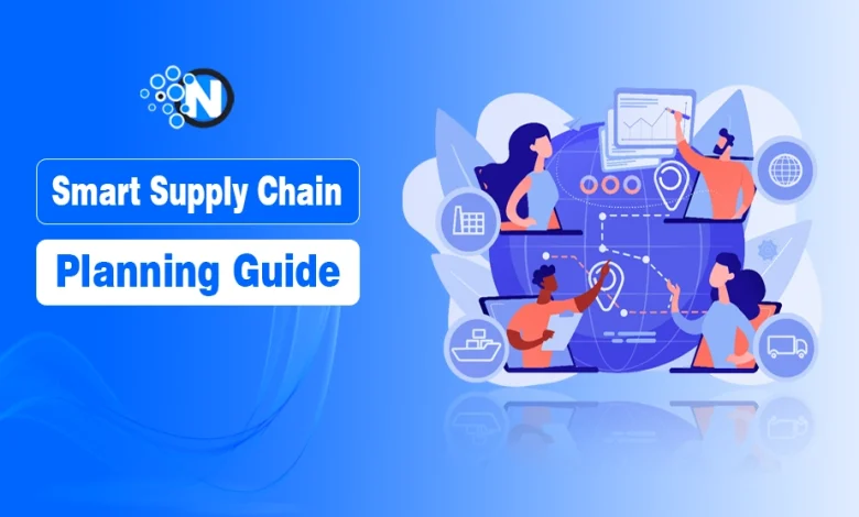 Digital illustration of a global supply chain planning concept, with a logo on the left and people interacting with charts and screens around a globe on the right.