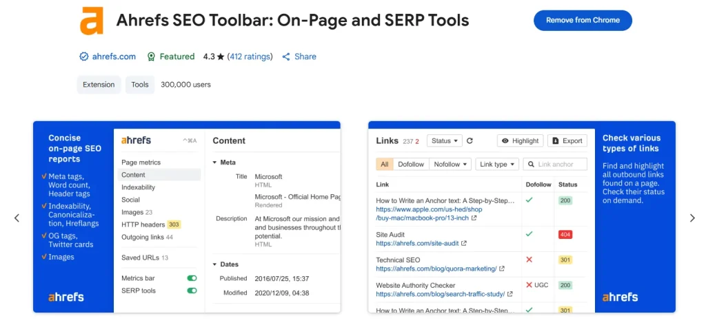 Ahrefs SEO Toolbar Extension page on Chrome Web Store