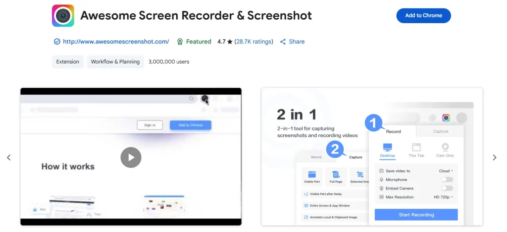 Awesome Screenshot Extension page on Chrome Web Store