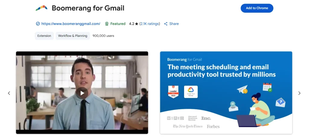 Boomrange for Gmail Extension page on Chrome Web Store