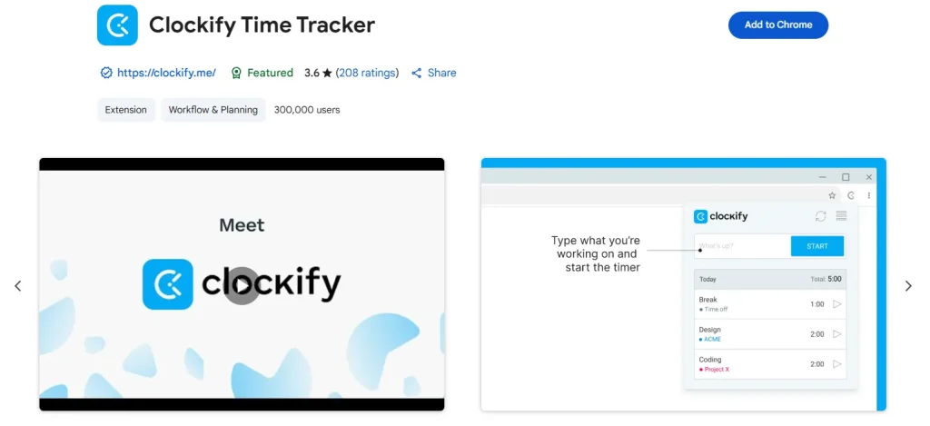 Clockify Extension page on Chrome Web Store