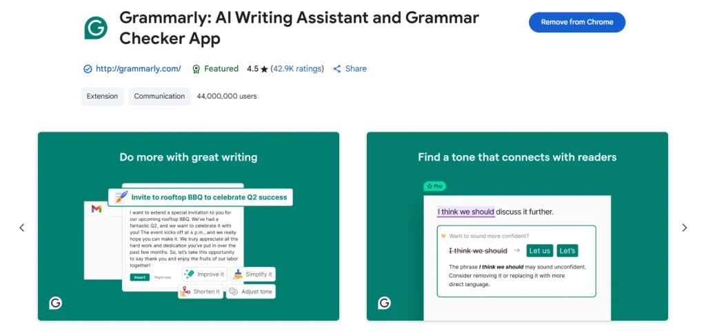Grammarly Extension page on Chrome Web Store
