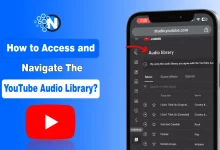 Mobile view showing how to access the YouTube Audio Library inside YouTube Studio with highlighted navigation menu.