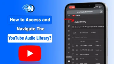 Mobile view showing how to access the YouTube Audio Library inside YouTube Studio with highlighted navigation menu.