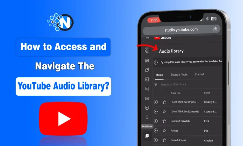 Mobile view showing how to access the YouTube Audio Library inside YouTube Studio with highlighted navigation menu.