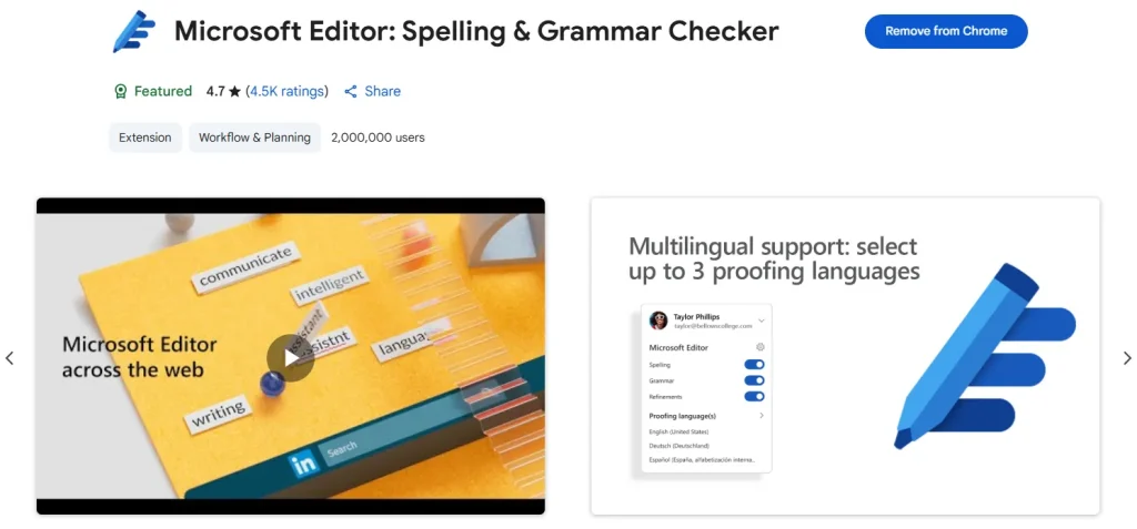 Microsoft Editor Extension page on Chrome Web Store