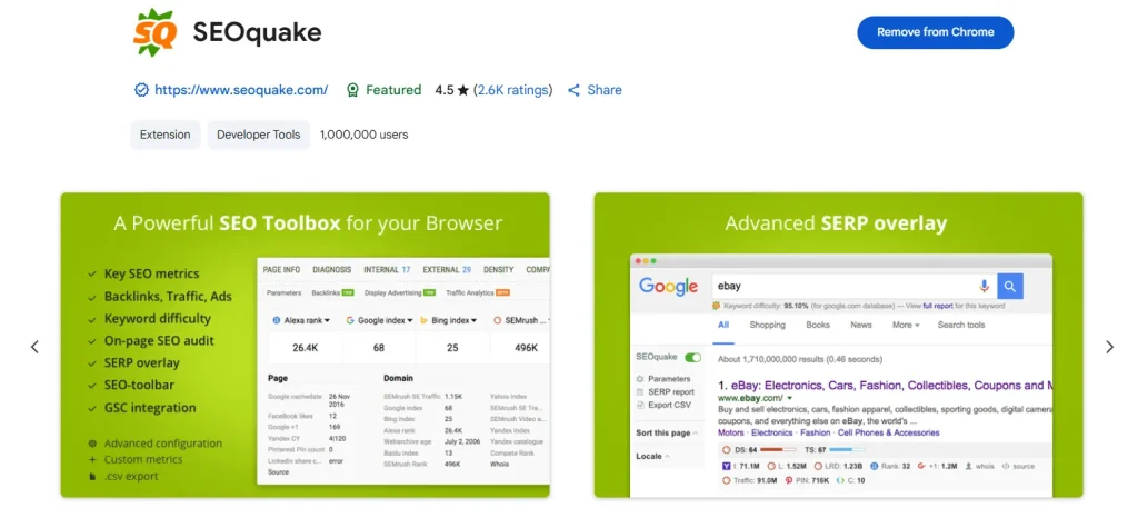 SEOquake Extension page on Chrome Web Store