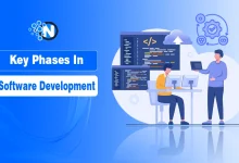 Digital illustration of two software developers collaborating in an office, with computer screens showing code and icons representing software development processes.