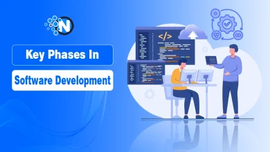 Digital illustration of two software developers collaborating in an office, with computer screens showing code and icons representing software development processes.