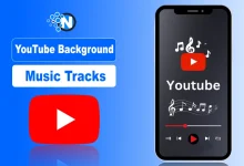A promotional graphic for YouTube Background Music Tracks featuring a blue gradient background, bold white and blue text, a red YouTube play button, and a smartphone mockup displaying a music player with the YouTube logo and musical notes.