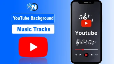 A promotional graphic for YouTube Background Music Tracks featuring a blue gradient background, bold white and blue text, a red YouTube play button, and a smartphone mockup displaying a music player with the YouTube logo and musical notes.