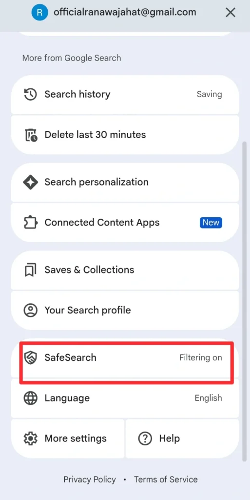 Scroll to find the SafeSearch option and click on it.