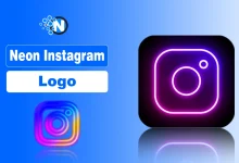 Glowing pink and purple neon Instagram logo on a dark background with text "Neon Instagram Logo."
