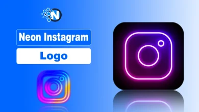 Glowing pink and purple neon Instagram logo on a dark background with text "Neon Instagram Logo."