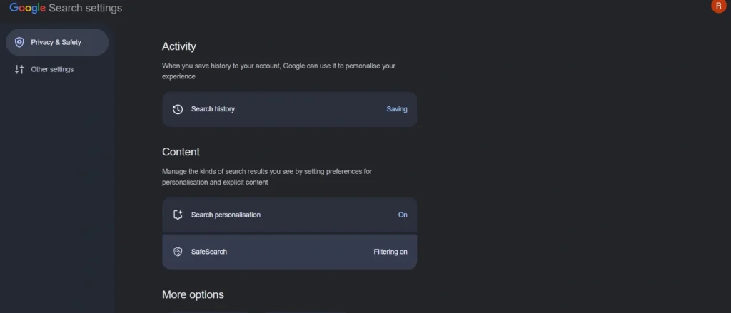 Locate the SafeSearch section.