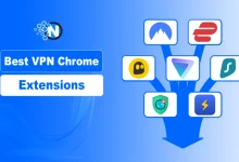 Various VPN service logos arranged on a blue background for a guide on the best Chrome extensions.