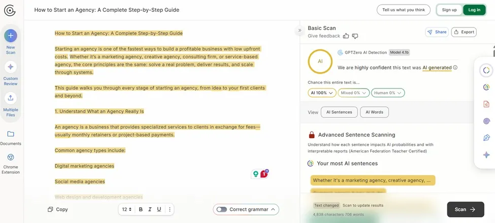 GPTZero AI Detection Capabilities for Unedited AI-Generated Content