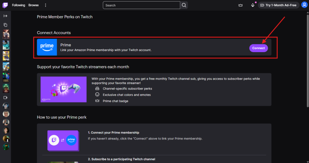 screenshot of connecting the amazon prime membership with your twitch account.