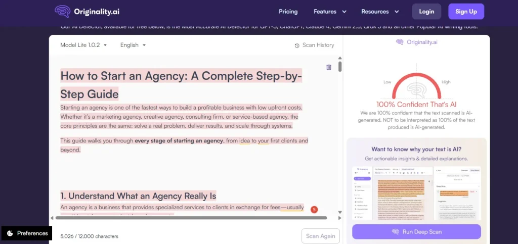 Originality.ai AI Detection Capabilities for Raw AI Data