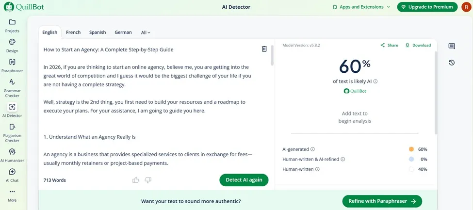 Quillbot AI Detector Score for Edited or Hybrid Data
